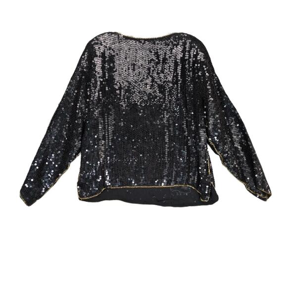 Vtg 80s Star Group Sz M 100% Silk Black Sequin Beaded Gold Rose Top Disco NYE - Picture 2 of 7